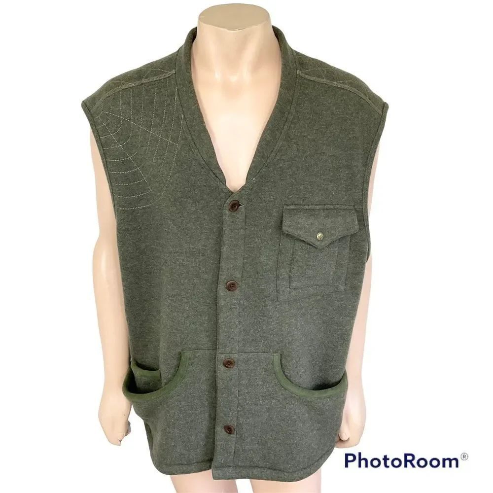 J L Powell The Spirting Life green wool blend sweater utility buttoned vest XXL